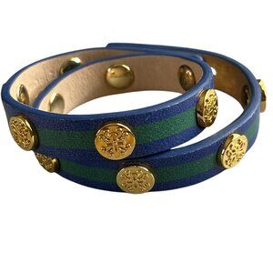 Rustic Cuff Blue & Green With Gold Logo buttons Double Wrap Leather Bracelet
